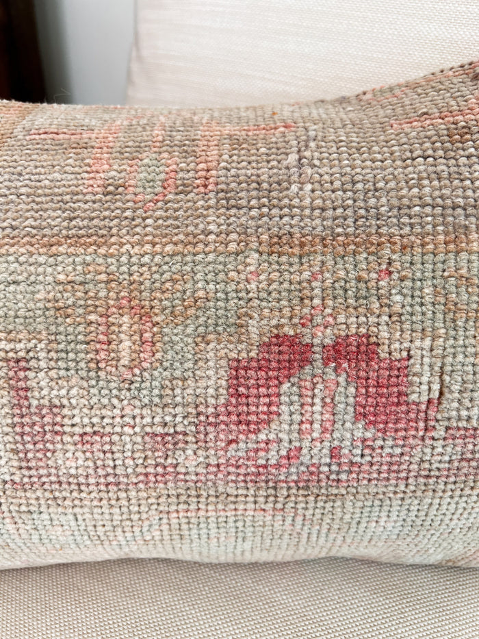 Handmade traditional Turkish oushak pillow cover made with vintage rugs 12x20 pastel
