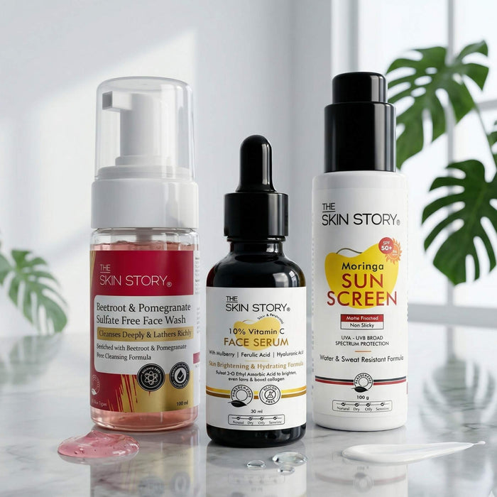 Dull & Uneven Skin Tone - 3 Step with Facewash+10% Vitamin C Face Serum+Sunscreen SPF50 - The Skin Story -