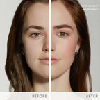 Comparison photo showing a woman’s face before and after applying Glow Time Highlighter Stick | Jane Iredale, highlighting natural radiance and enhanced complexion with soft, luminous glow.