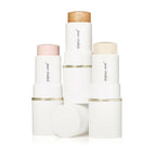 Three Glow Time Highlighter Stick | Jane Iredale makeup sticks in white tubes with gold, pink, and ivory shades, designed to add radiant glow to the skin.