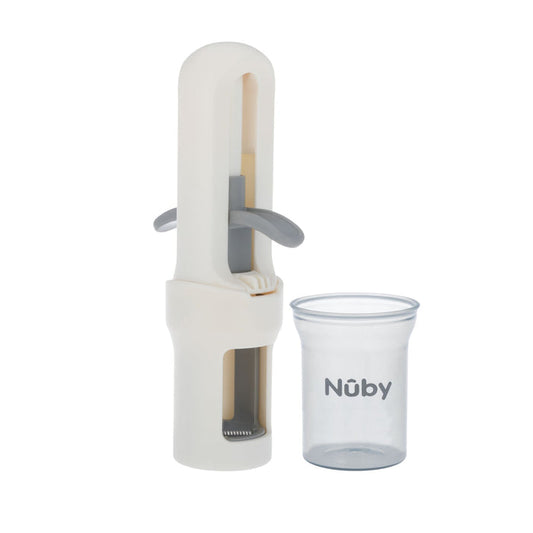 A gray and white Nuby Grape Cutter with a clear cup, designed for safe and easy fruit preparation, is displayed side by side against a plain white background.