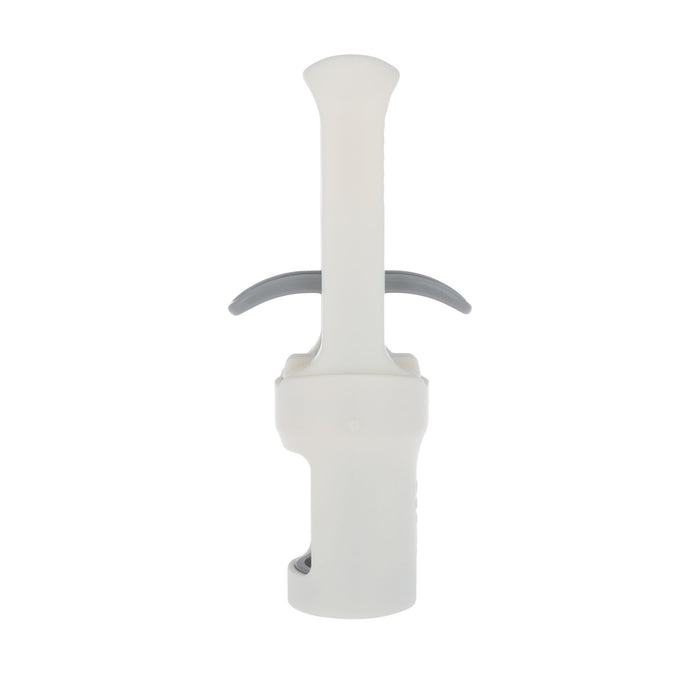 The Nuby Grape Cutter | Grey, a white plastic kitchen tool with a handle and curved gray blade, is shown standing upright on a plain white background.