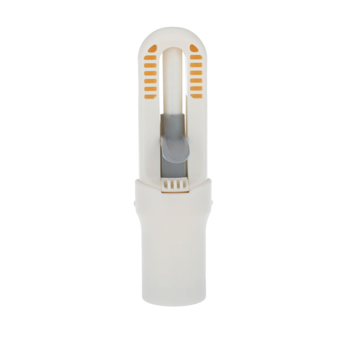 The Nuby Grape Cutter | Grey is a white and gray plastic attachment with orange accents, designed for use with a vacuum cleaner to aid in baby food prep for safe feeding, shown upright on a white background.