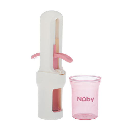 The Nuby Grape Cutter in pink, shown with a side handle next to a small translucent pink measuring cup labeled “Nuby,” is ideal for preparing baby food and ensures safe, easy serving of grapes or other small foods.