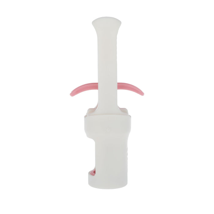 The Nuby Grape Cutter | Pink is a white plastic tool with a vertical handle and pink curved part, designed for baby food prep to reduce choking risk, shown on a white background.