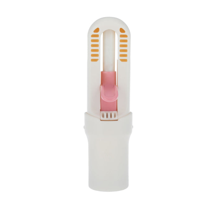 The Nuby Grape Cutter | Pink is a white and pink handheld plastic tool with a rounded top and central pink lever, designed for safely preparing grapes for babies to help reduce choking risk.