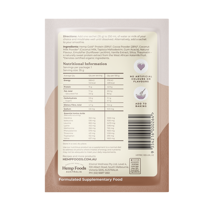 Hemp Foods Aus Organic Hemp Protein Shake Chocolate - 7 x 35g Sachets - L'Organic