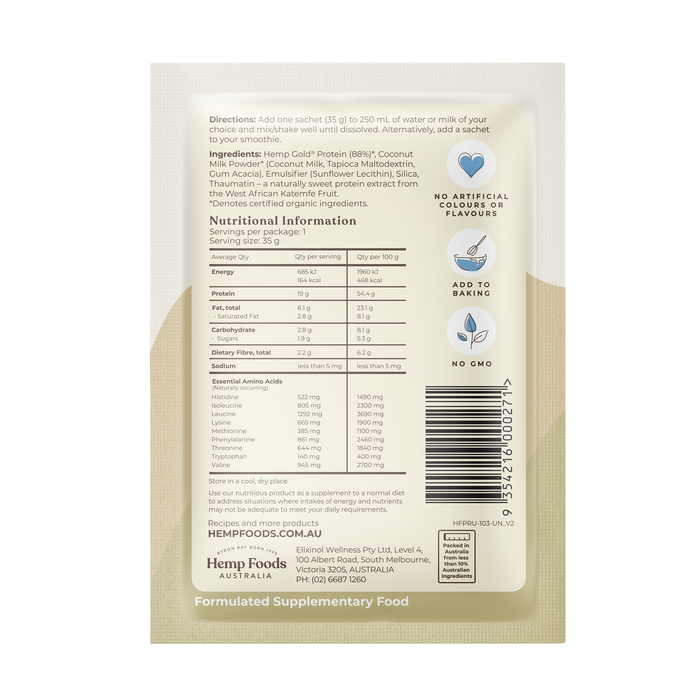 Hemp Foods Aus Organic Hemp Protein Shake Natural - 7 x 35g Sachets - L'Organic