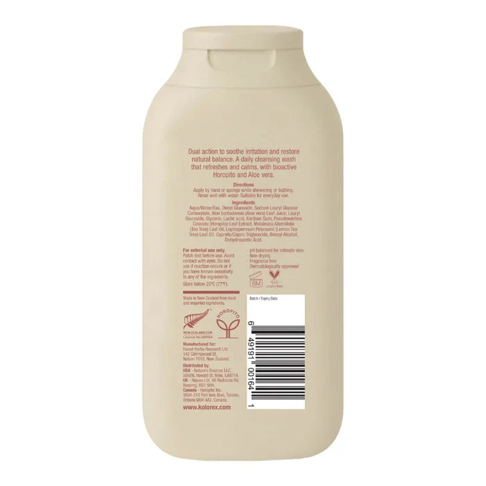 Back of a beige bottle of Kolorex Herbal Intimate Wash Everyday Balance showing directions, ingredients & product information.