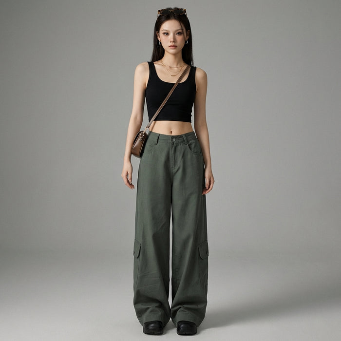 Pantalon cargo vert militaire taille haute femme - Style streetwear K-fashion - Taille XS