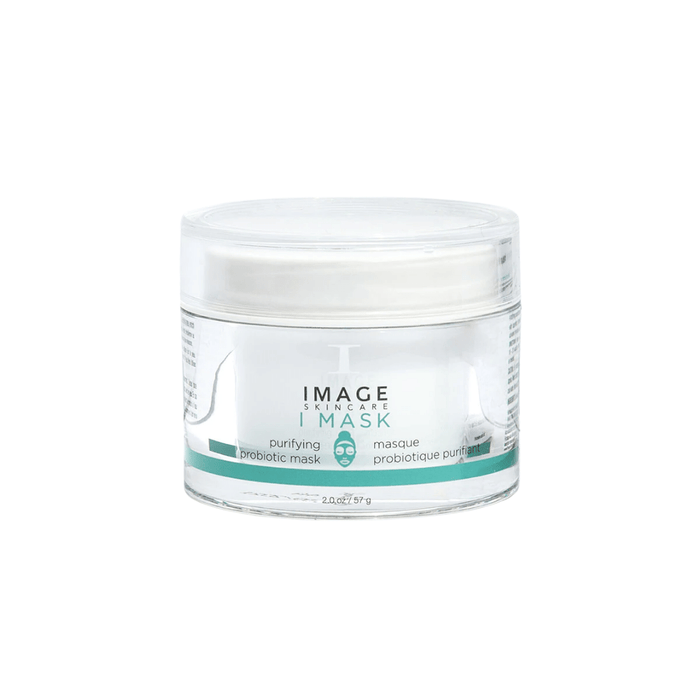 Clear jar of I MASK purifying probiotic mask | IMAGE Skincare with white cream inside, designed for skincare and wellness routines.
