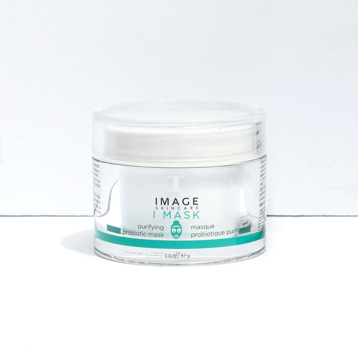 Clear jar of I MASK purifying probiotic mask | IMAGE Skincare with white lid and green label, designed for skincare and wellness supplements.
