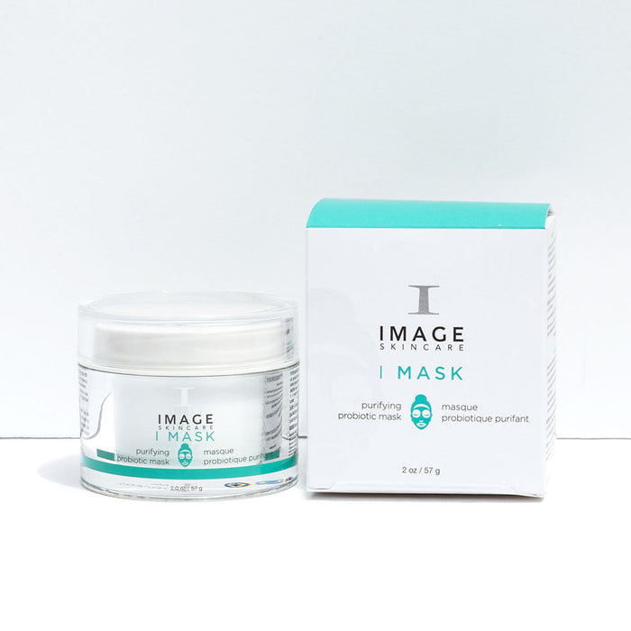 Clear jar and box packaging of I MASK purifying probiotic mask | IMAGE Skincare featuring white and teal design for skincare and wellness care.