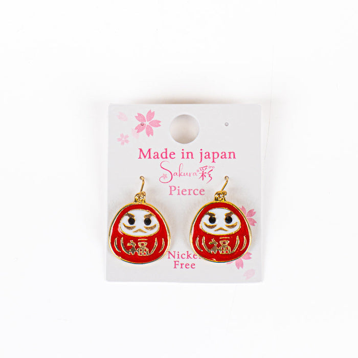 Japanese Earrings – Red Daruma with Gold-Tone Detailing
