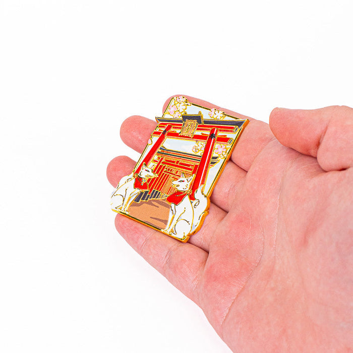 Japanese Gold-Tone Metal Magnet – Torii Gate & Kitsune Foxes