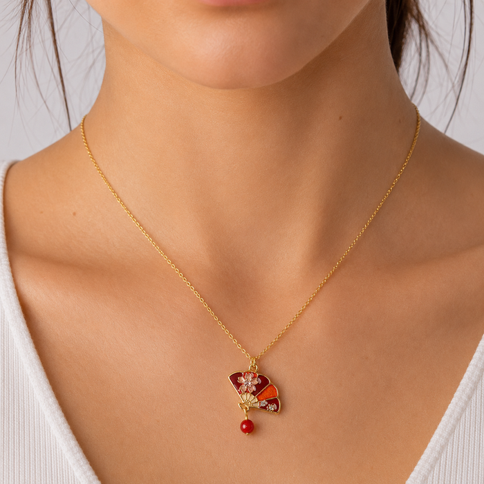 Japanese Pendant Necklace – Red Sensu Fan & Sakura Blossom