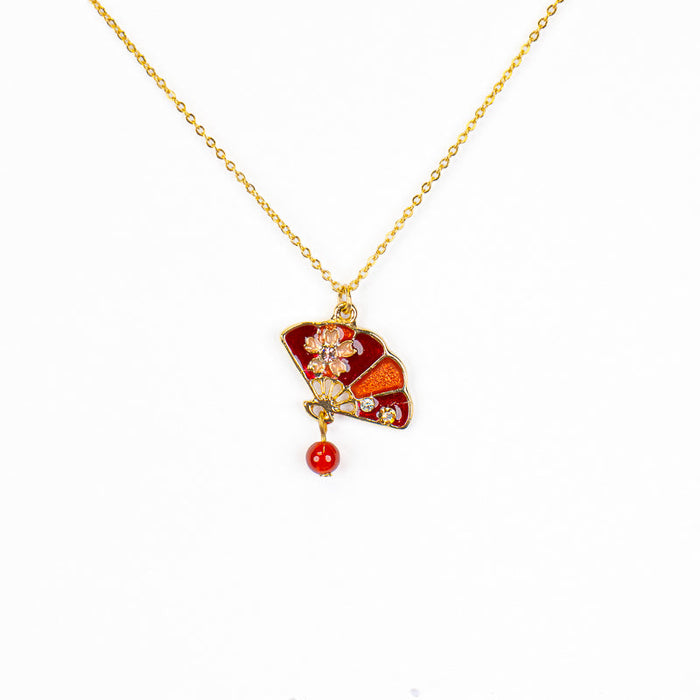 Japanese Pendant Necklace – Red Sensu Fan & Sakura Blossom