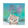 Book cover with a tiger illustration and text 'Sacha and the most wonderful thing' on a snowy background