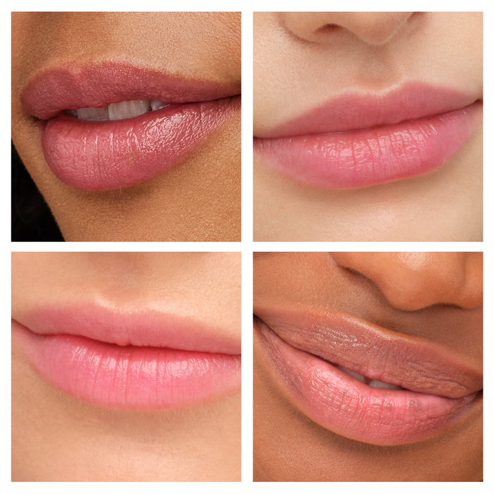 Close-up images of diverse lips showcasing natural rosy pink tones from Just Kissed Lip And Cheek Stain | Jane Iredale, highlighting smooth, hydrated, and radiant skin.