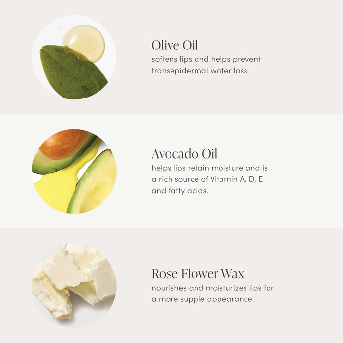 Close-up of natural ingredients including olive oil, avocado oil, and rose flower wax with descriptions of their moisturizing benefits in skincare for Just Kissed Lip And Cheek Stain | Jane Iredale.