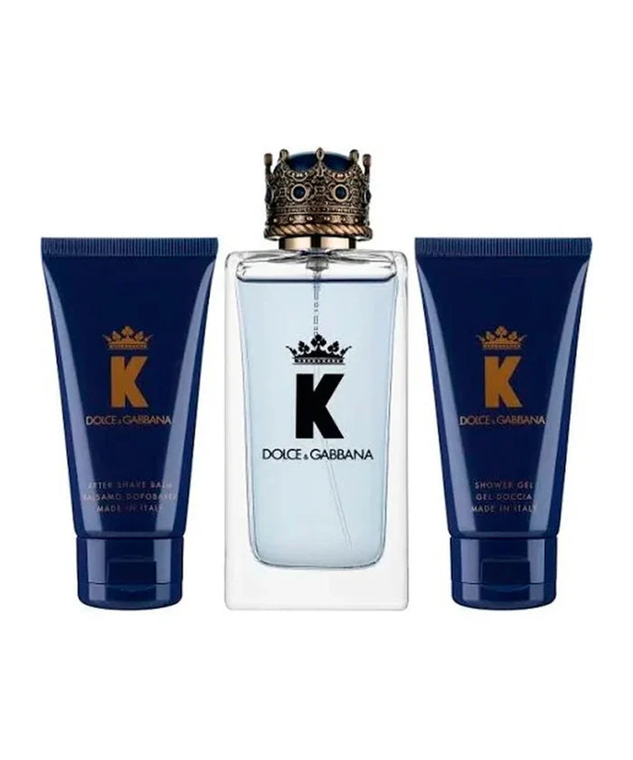 K 3-Piece Gift Set featuring 3.3 oz. Eau de Toilette, 1.7 oz. Aftershave, and 1.7 oz. Shower Gel.