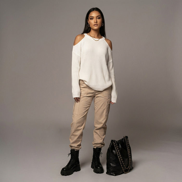 Top en maille blanc épaules dénudées pour femme - Mode K-fashion Koreanxwear - Taille S