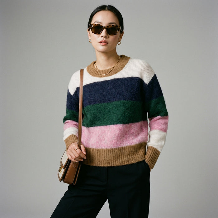 Pull tricoté col rond bicolore rose et marine - K-fashion femme - Taille XS