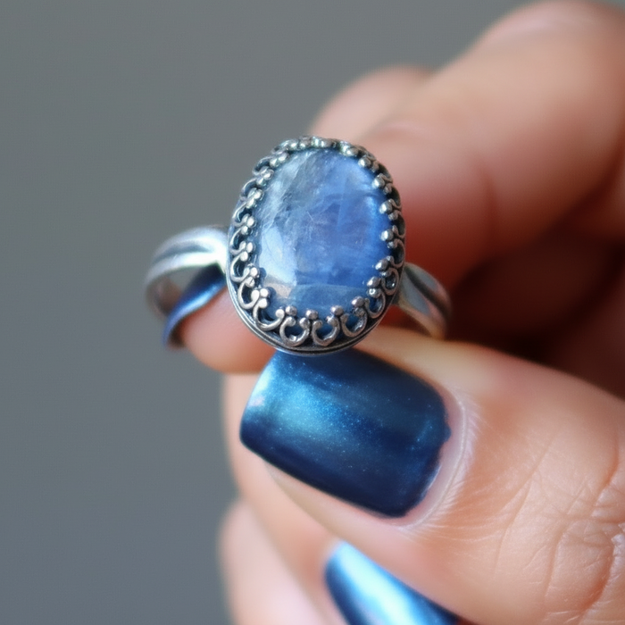 Kyanite Ring Blue Oval Crystal Sterling Silver Adjustable