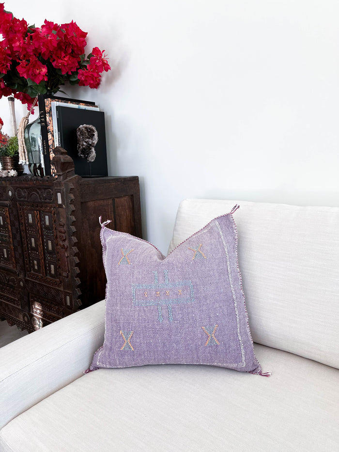 Artisanal Handmade Moroccan embroidered cactus silk sabra pillow handwoven purple
