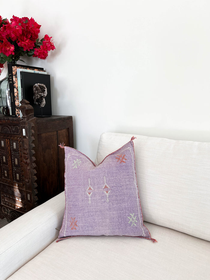 Artisanal Handmade Moroccan embroidered cactus silk sabra pillow handwoven purple