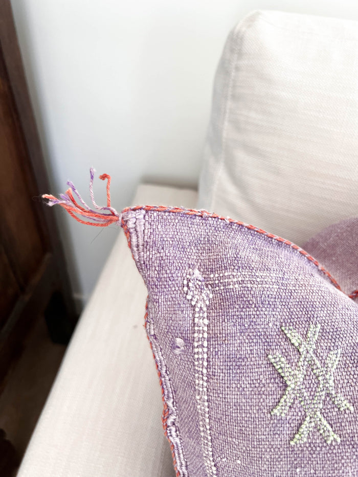 Artisanal Handmade Moroccan embroidered cactus silk sabra pillow handwoven purple