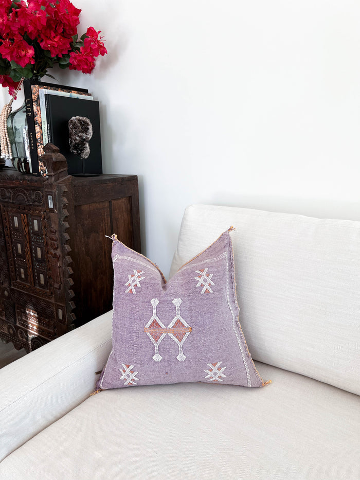 Artisanal Handmade Moroccan embroidered cactus silk sabra pillow handwoven purple