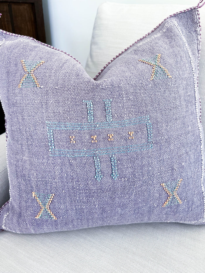 Artisanal Handmade Moroccan embroidered cactus silk sabra pillow handwoven purple