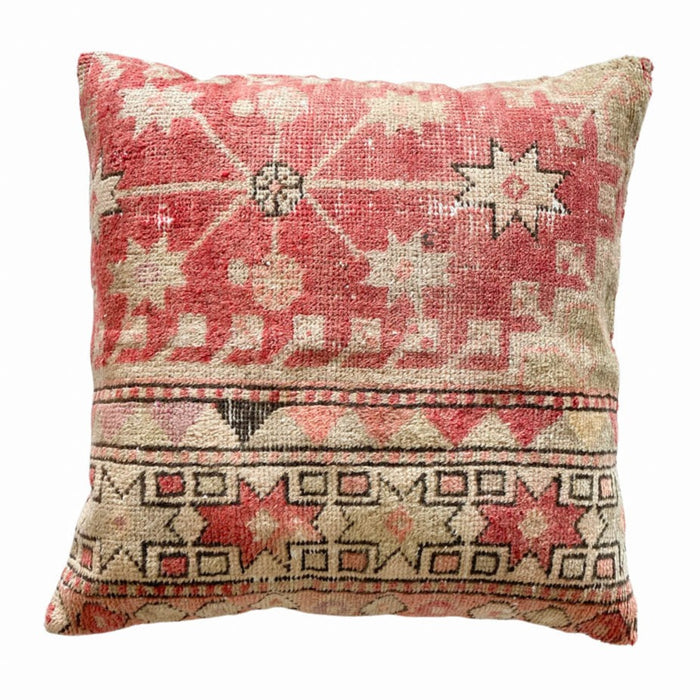 Lindsay Handmade traditional Turkish oushak pillow cover made with vintage rugs 24x24 beige red stars