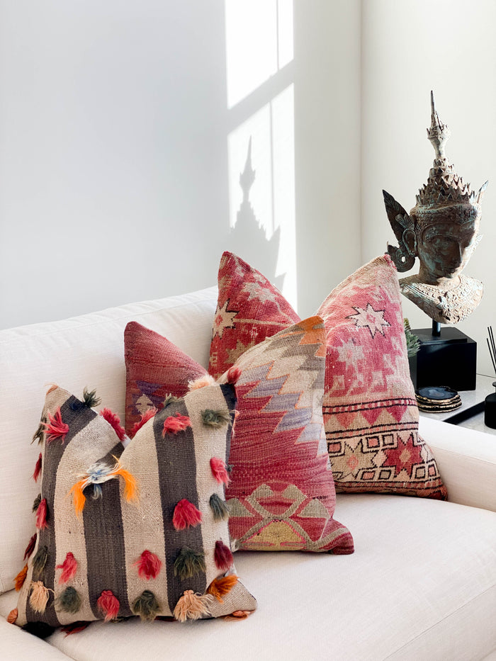 Lindsay Handmade traditional Turkish oushak pillow cover made with vintage rugs 24x24 beige red stars