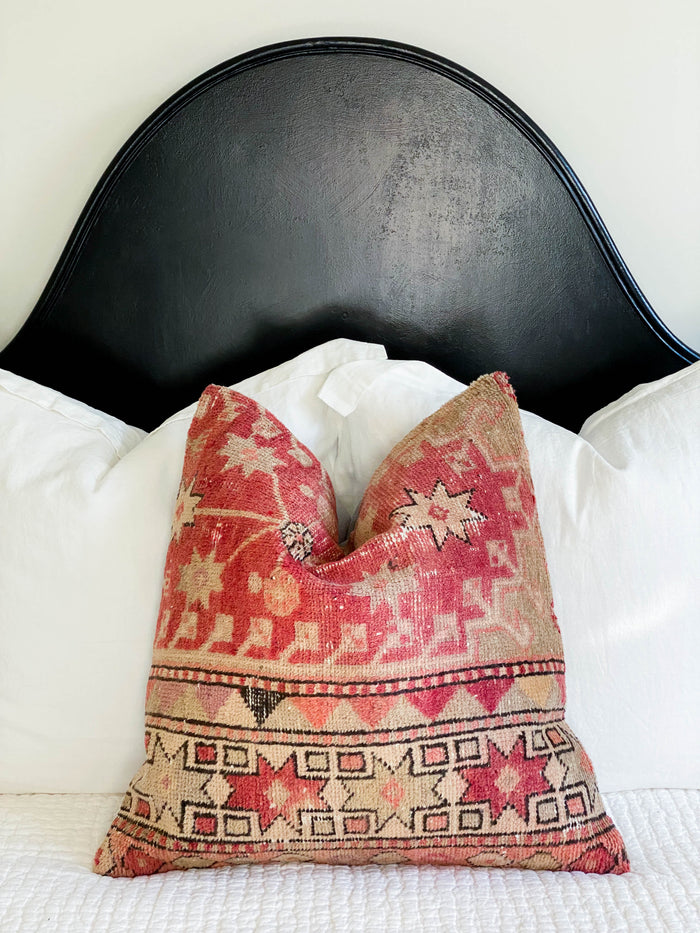 Lindsay Handmade traditional Turkish oushak pillow cover made with vintage rugs 24x24 beige red stars