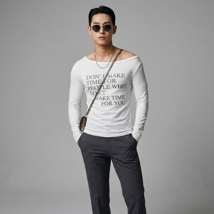 T-shirt femme manches longues épaule dénudée imprimé lettre K-fashion - Taille S