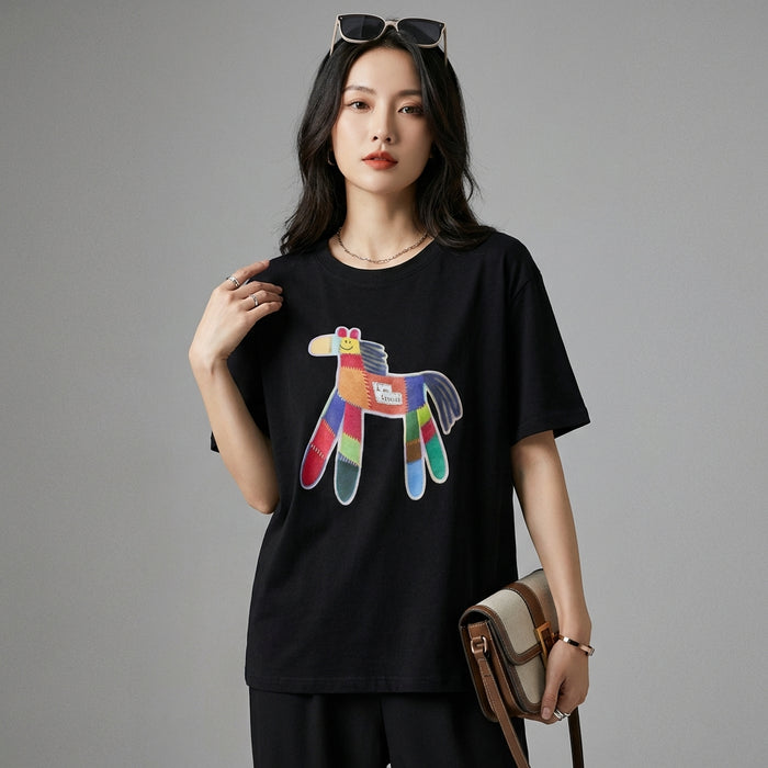 T-Shirt imprimé ample en coton, style streetwear K-fashion, couleur noir ou blanc. Idéal pour l'été. - Taille One Size Fits All