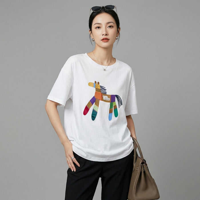 T-Shirt imprimé ample en coton, style streetwear K-fashion, couleur noir ou blanc. Idéal pour l'été. - Taille One Size Fits All