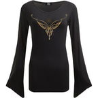 LOTR - ELVEN NECKLACE - V Neck Goth Sleeve Top Black