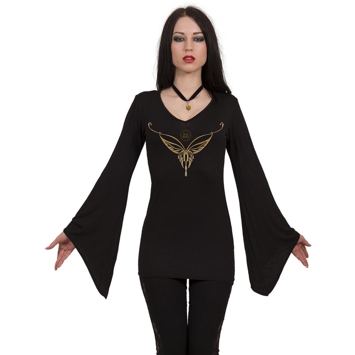 LOTR - ELVEN NECKLACE - V Neck Goth Sleeve Top Black