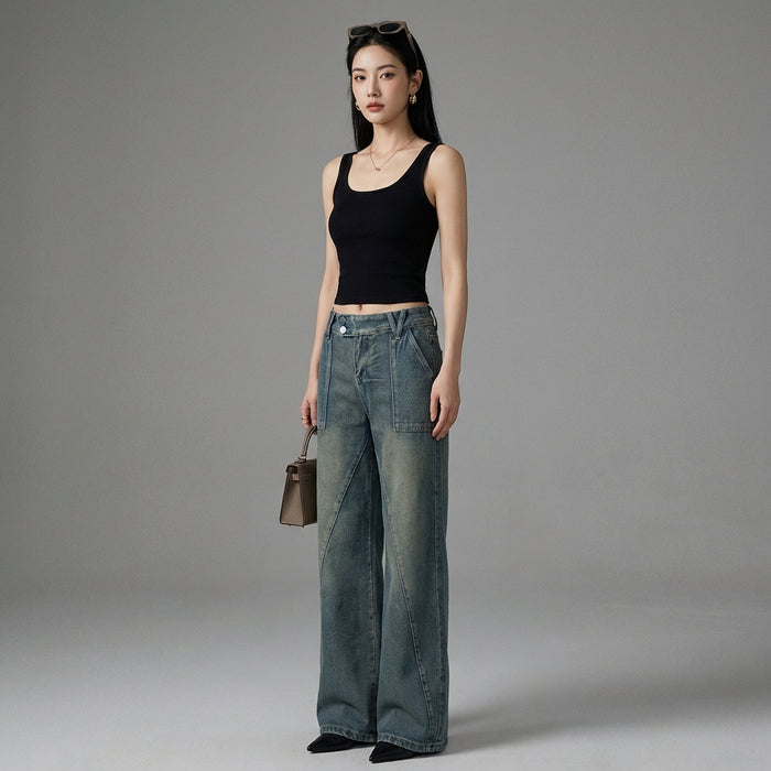 Jeans taille basse bleu femme, ligne fendue, style streetwear coréen - Taille S