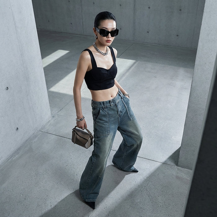 Jeans taille basse bleu femme, ligne fendue, style streetwear coréen