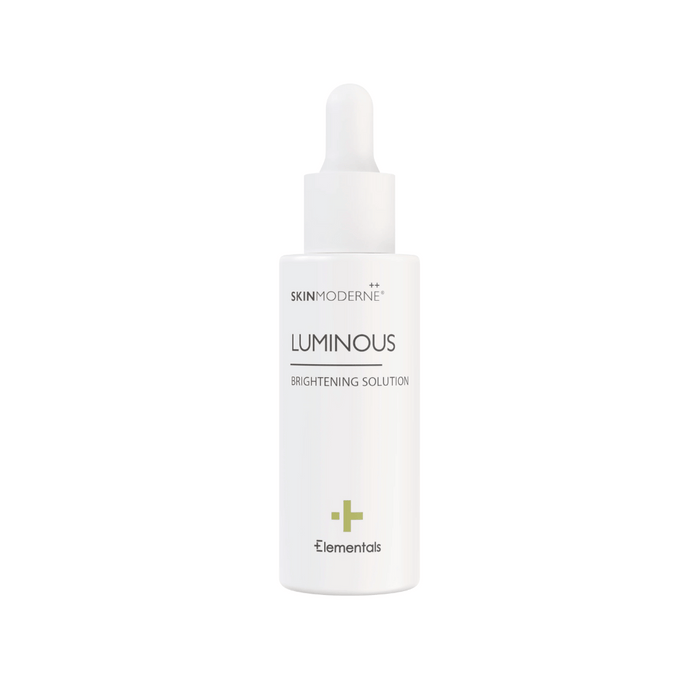 Clean white bottle with dropper cap featuring Luminous Serum | Skin Moderne branding, designed as a brightening skincare solution for enhancing skin radiance.