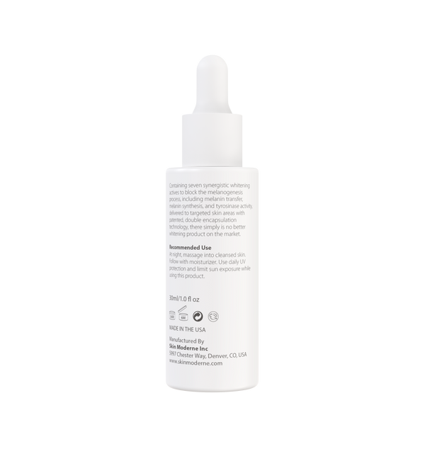 White dropper bottle labeled with skincare product instructions and branding for Luminous Serum | Skin Moderne, designed for targeted skin care and whitening benefits.