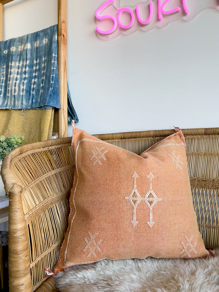 handmade Moroccan embroidered cactus silk sabra pillow bright orange
