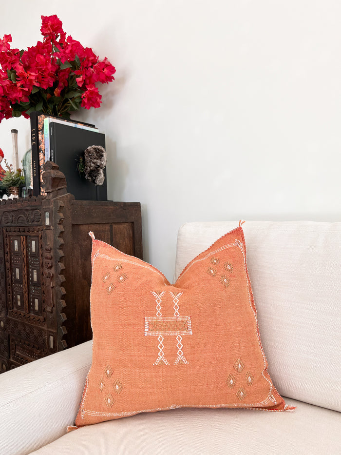 Artisanal Handmade Moroccan embroidered cactus silk sabra pillow orange handwoven