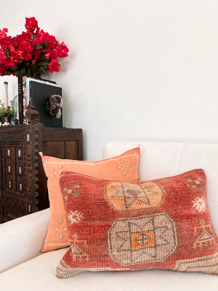 Artisanal Handmade Moroccan embroidered cactus silk sabra pillow orange handwoven