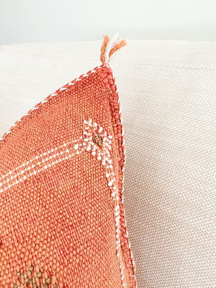Artisanal Handmade Moroccan embroidered cactus silk sabra pillow orange handwoven