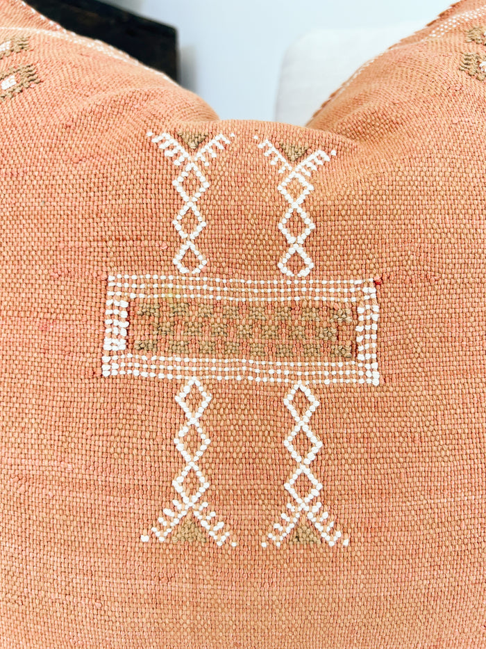 Artisanal Handmade Moroccan embroidered cactus silk sabra pillow orange handwoven